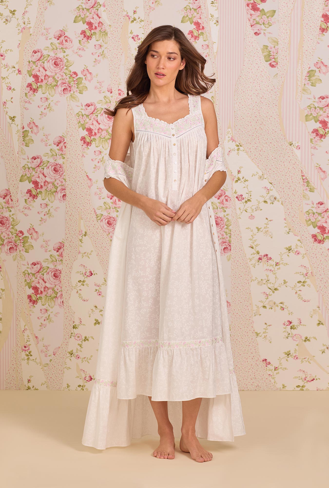A Lady Wearing Shadow Floral Cotton Lawn Button Front Robe
