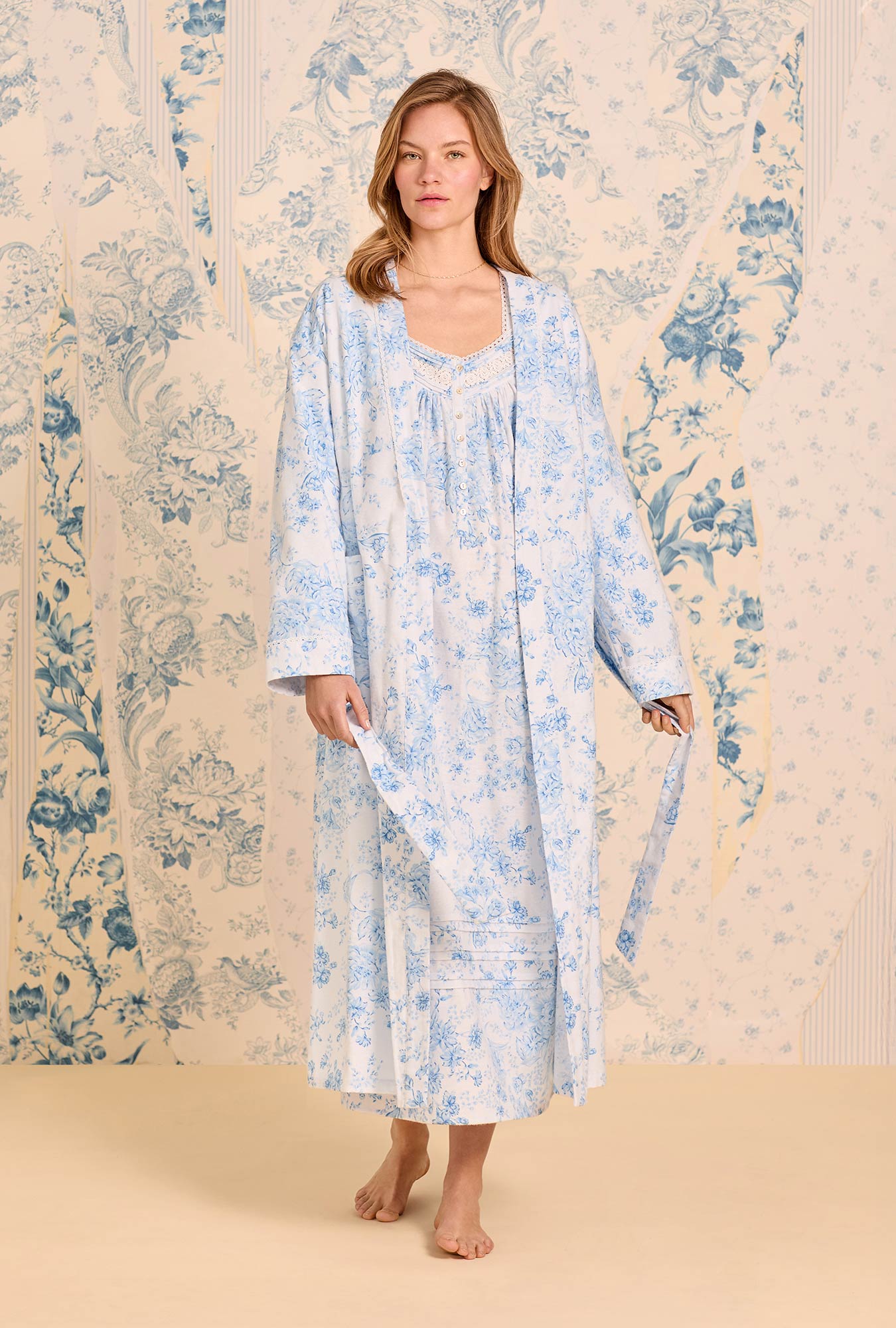A lady wearing Chateau Bloom Cotton Flannel Wrap Robe
