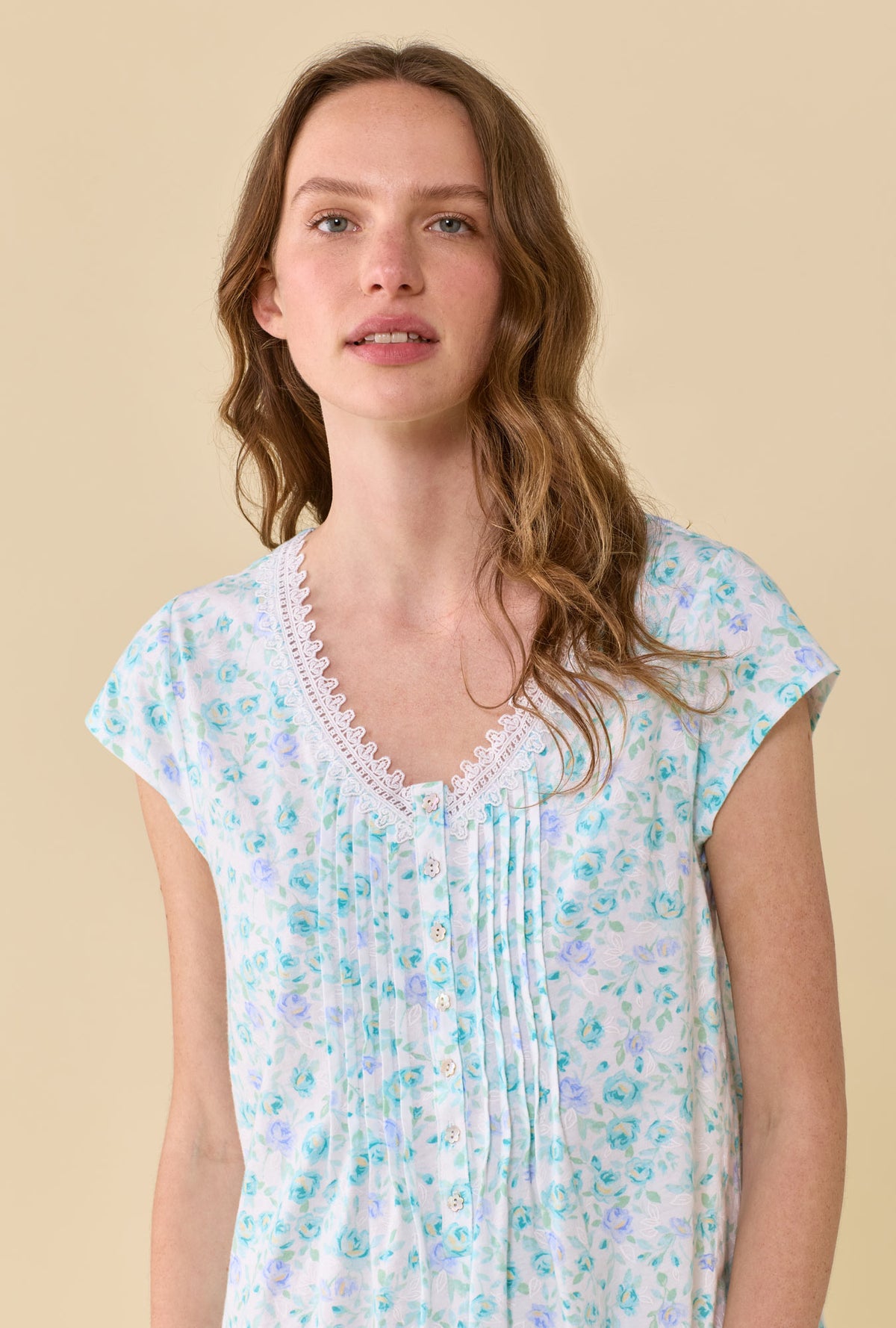 A lady wearing Aqua Reverie Nightshirt closer look