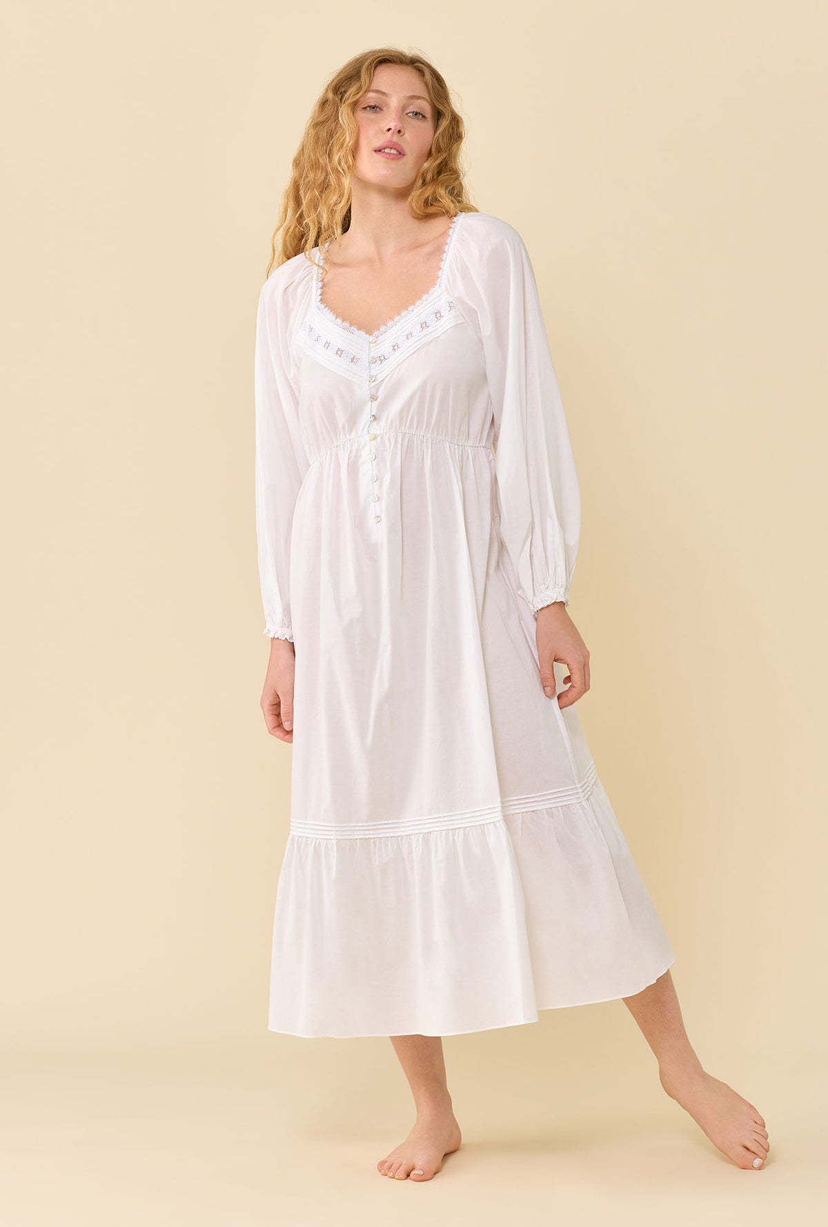 Georgia Soft White 100% Cotton Woven Lawn Long Sleeve Ballet Nightgown