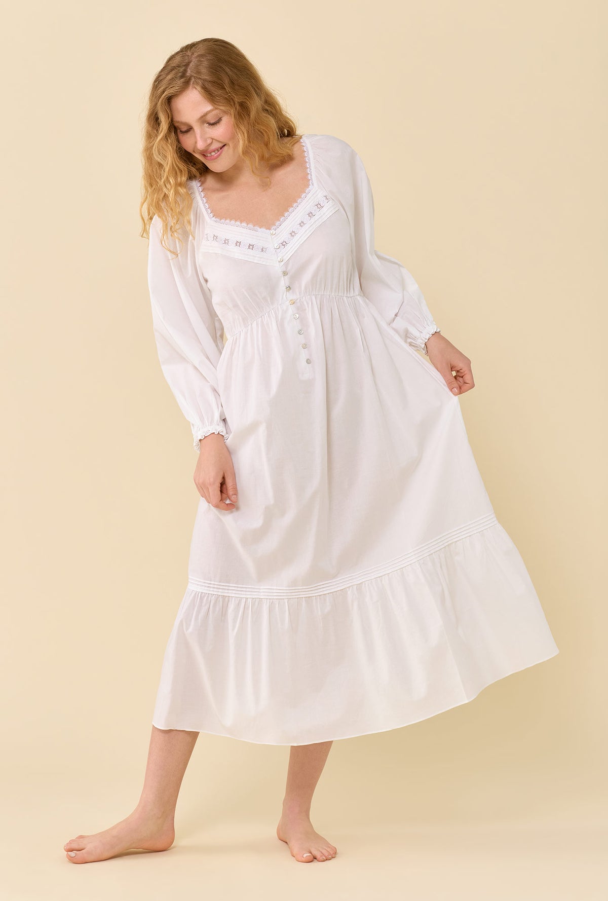 Georgia Soft White 100% Cotton Woven Lawn Long Sleeve Ballet Nightgown