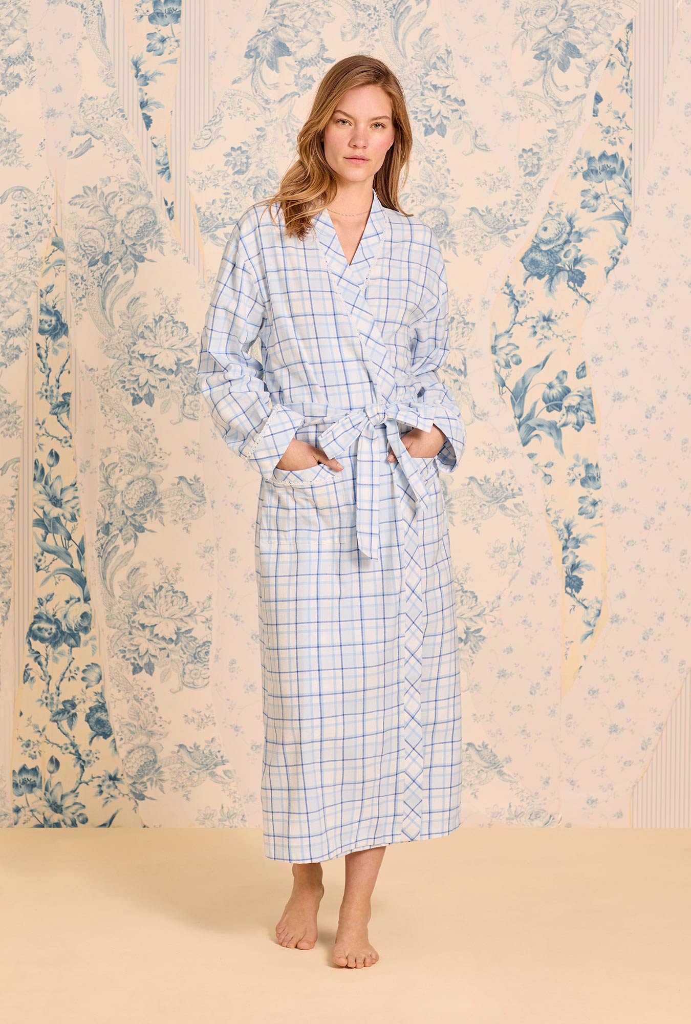 A lady wearing Vintage Plaid Cotton Flannel Wrap Robe