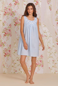 A lady wearing blue sleeveless poetic chemise.