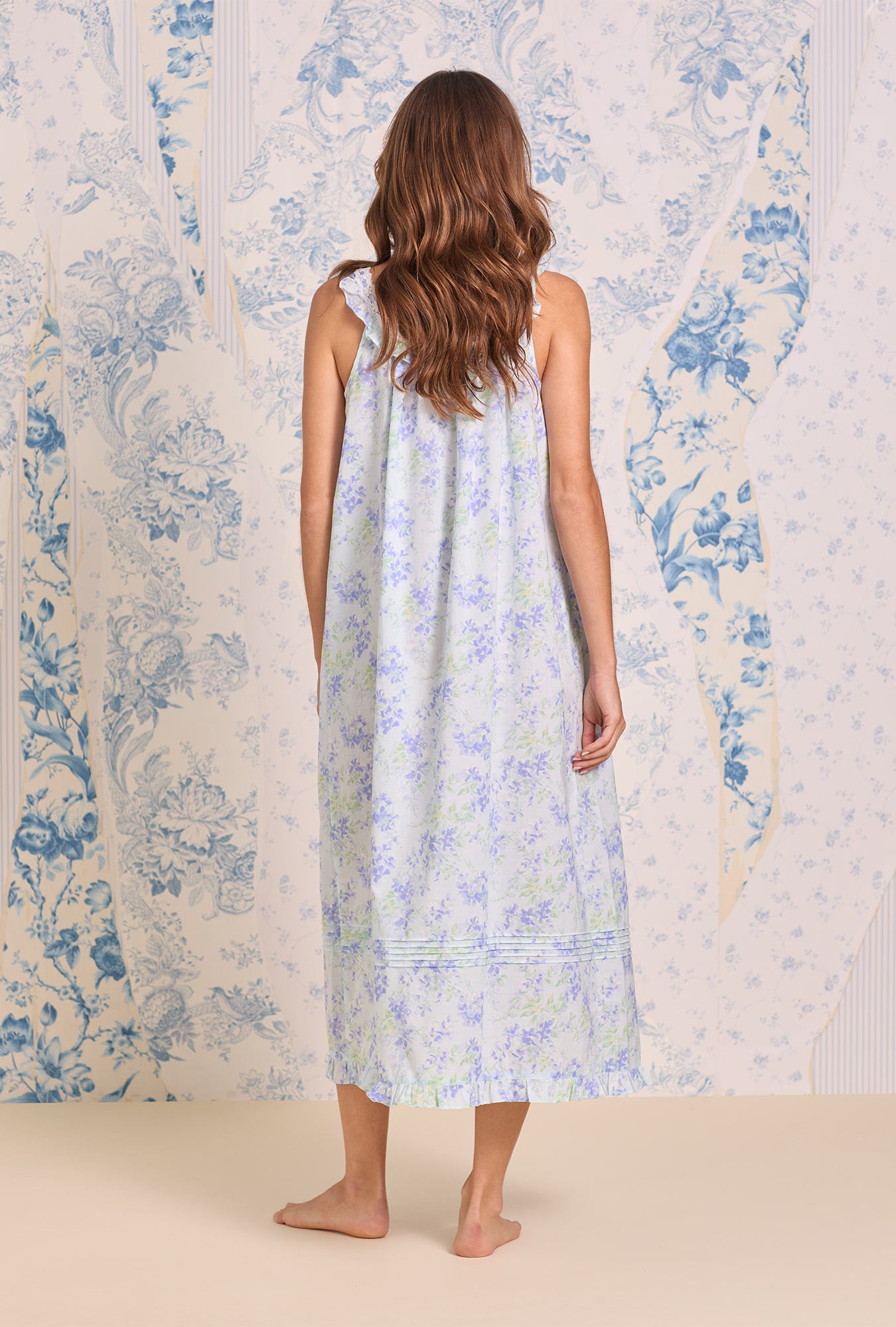 A lady wearing The "Flora" Aqua Bloom Cotton Lawn Ballet Nightgown