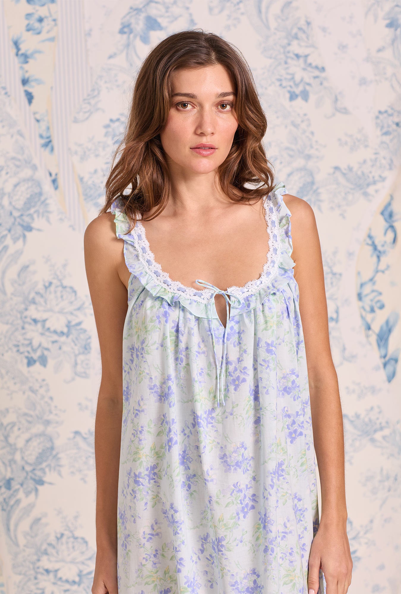A lady wearing The "Flora" Aqua Bloom Cotton Lawn Ballet Nightgown