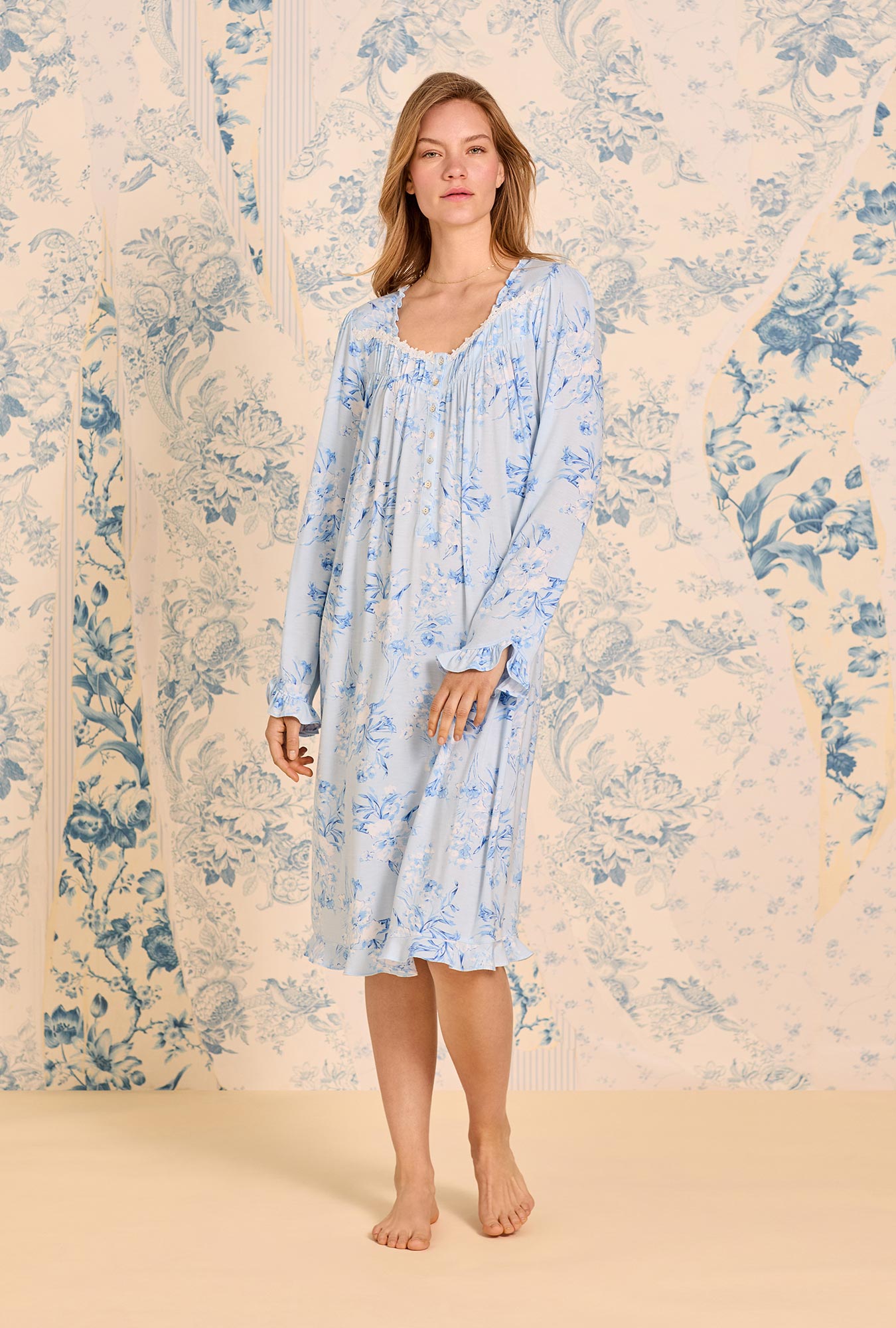 A lady wearing Blue Haven Tencel™ Modal Long Sleeve Waltz Nightgown