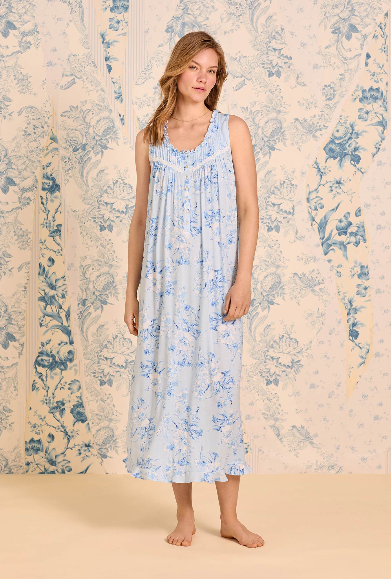 A lady wearing The "Eileen" Blue Haven Tencel™ Modal Ballet Nightgown