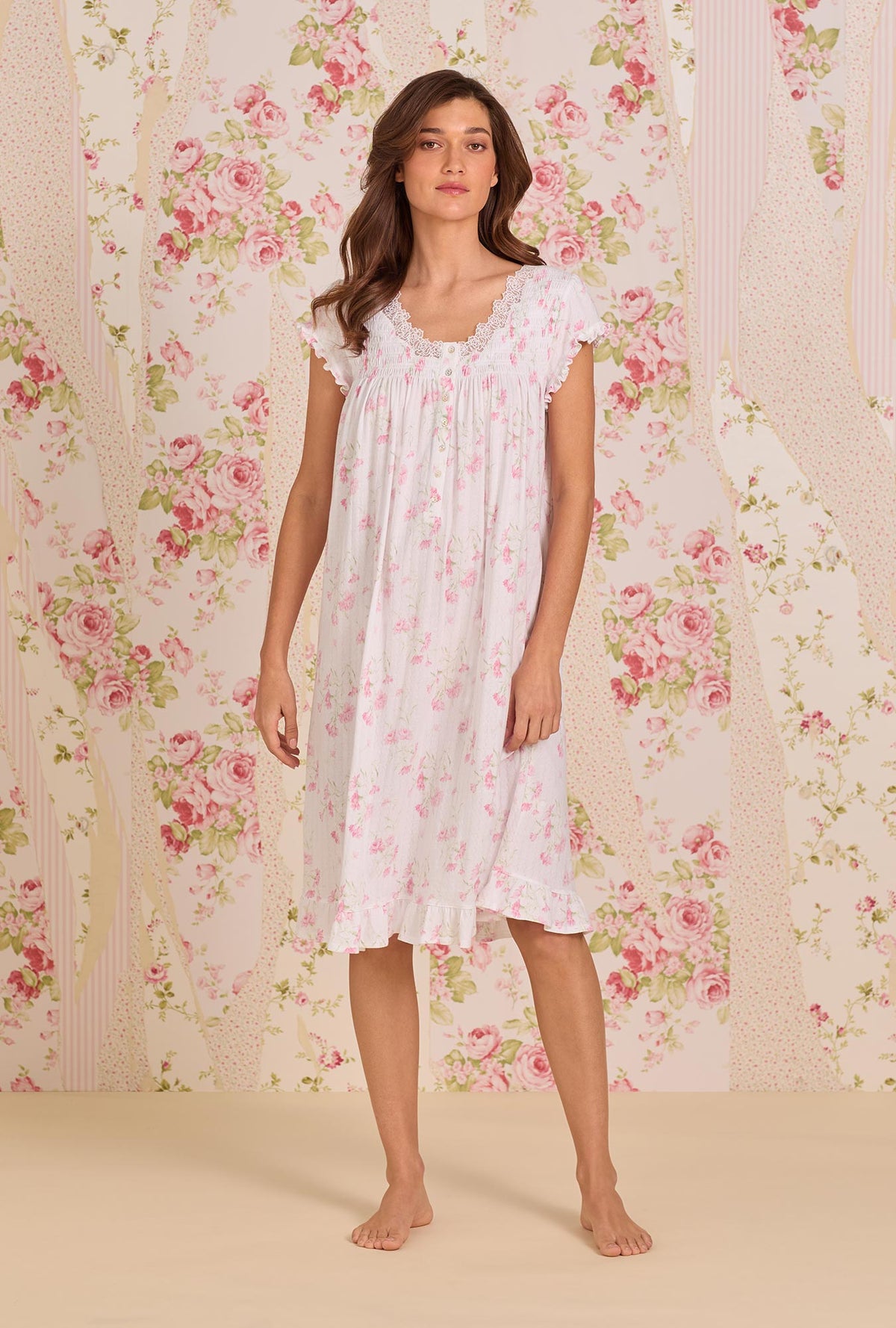 A Lady Wearing Blush Carnation Cotton Pointelle Waltz Nightgown