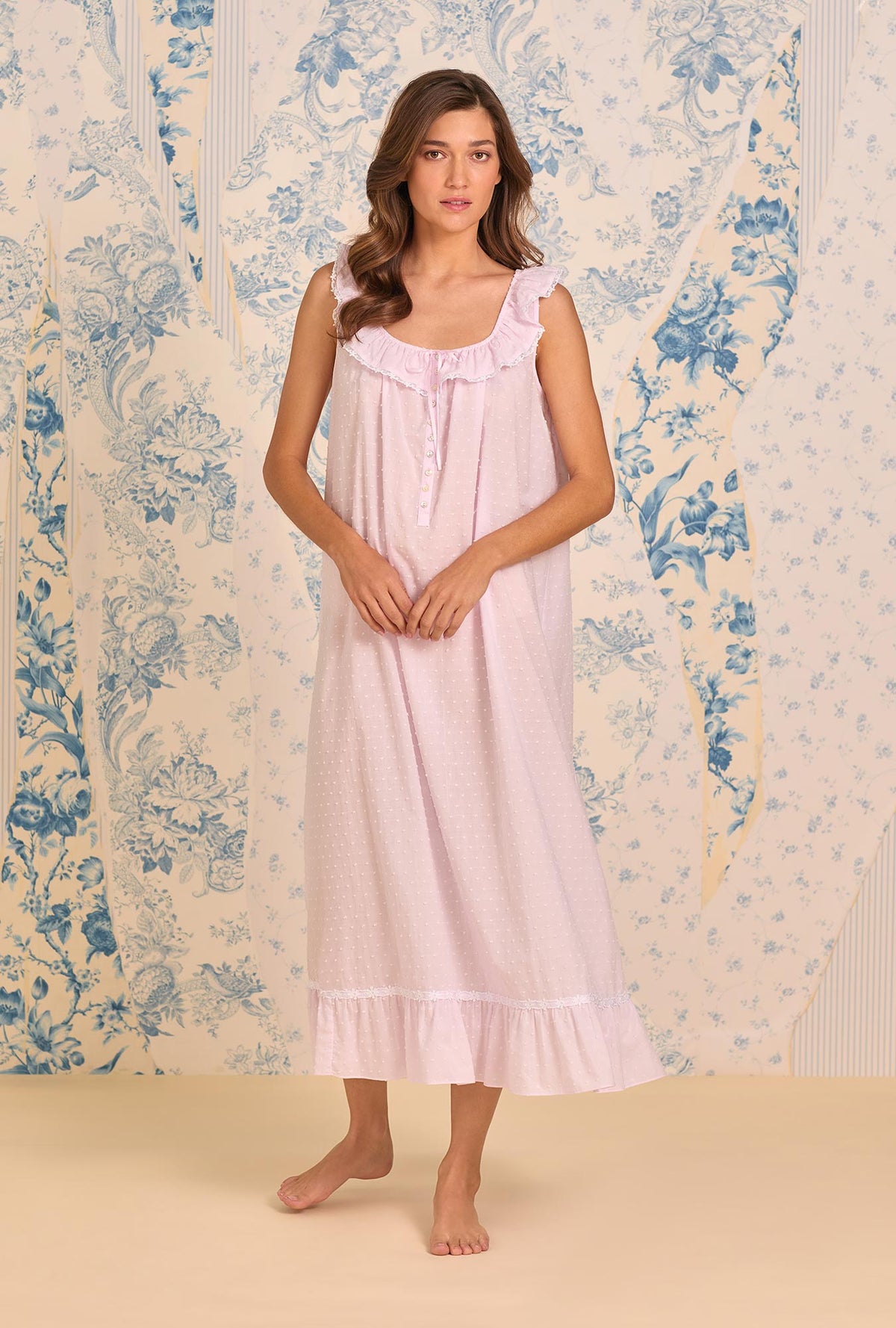 A lady wearing The "Rosalie" Rosewater Cotton Swiss Dot Ballet Nightgown looking good