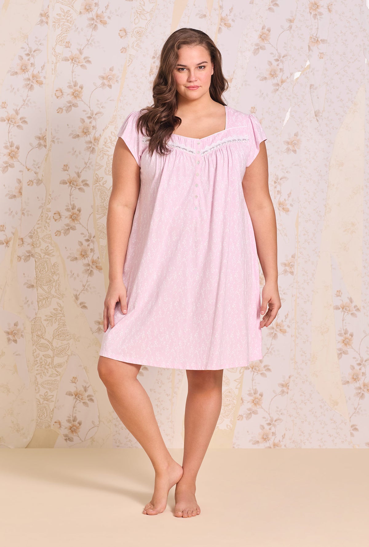 A Lady Wearing Plus Size Wildflower Cotton Knit Cap Sleeve Chemise Front view