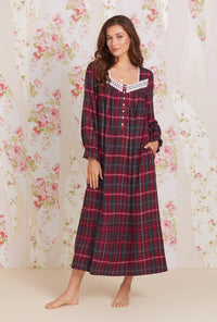 A lady wearing red Cotton Flannel Long Sleeve Nightgown with Berry Plaid print