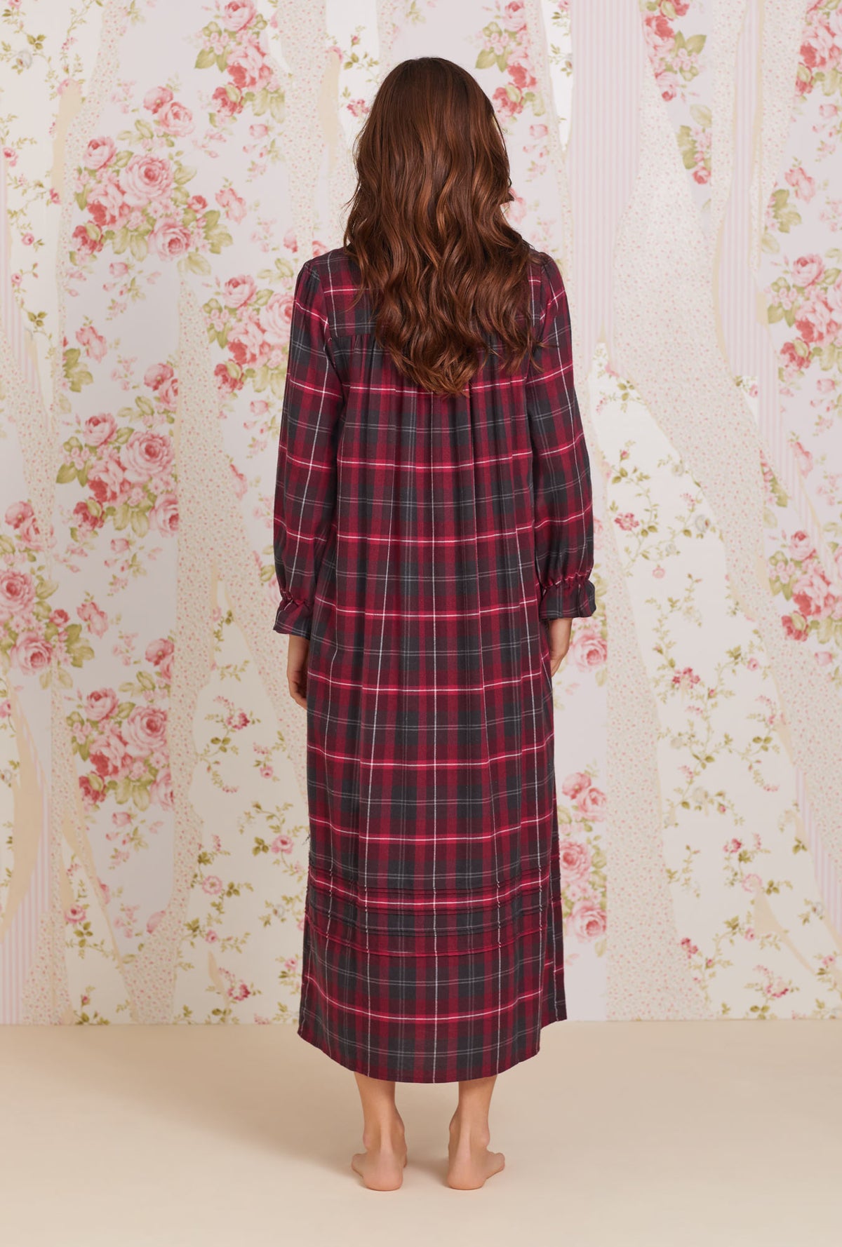 A lady wearing red Cotton Flannel Long Sleeve Nightgown with Berry Plaid print