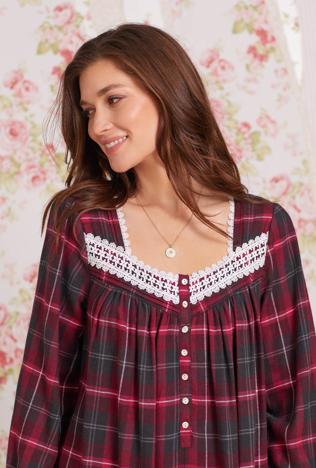 A lady wearing red Cotton Flannel Long Sleeve Nightgown with Berry Plaid print