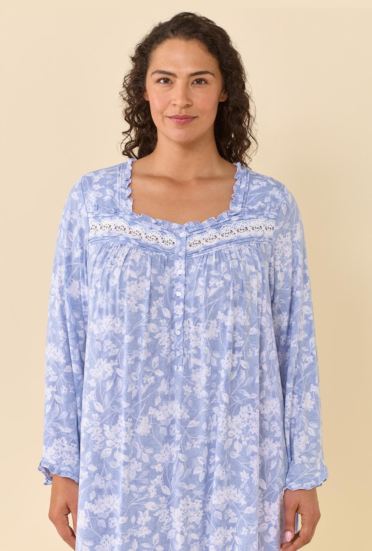 A lady wearing plus size Ondine Floral TENCEL™ Modal Spandex Jersey Knit Long Sleeve Ballet Nightgown closer look