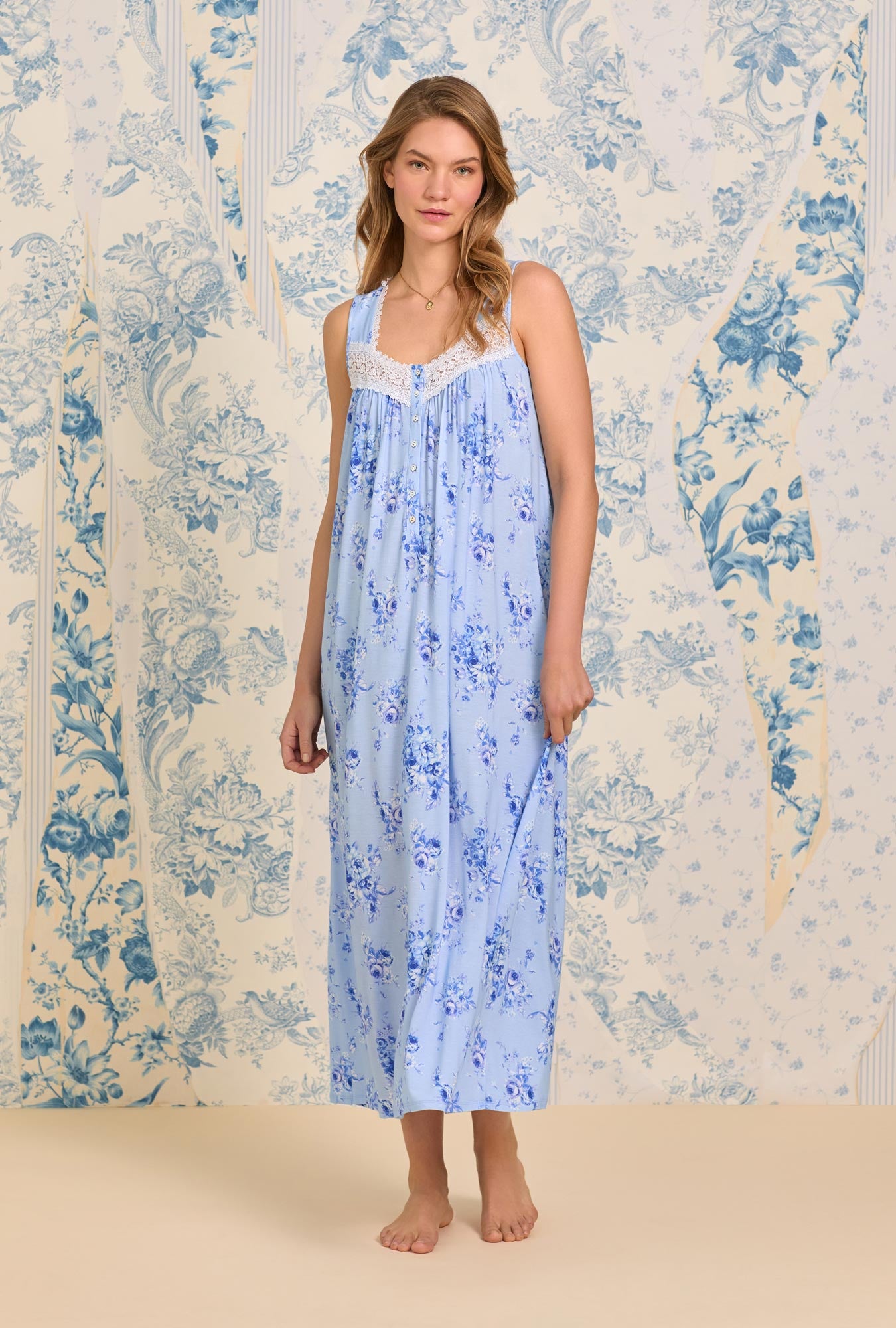 A lady wearing Heirloom Rose "Eileen" Tencel™ Modal Ballet Nightgown