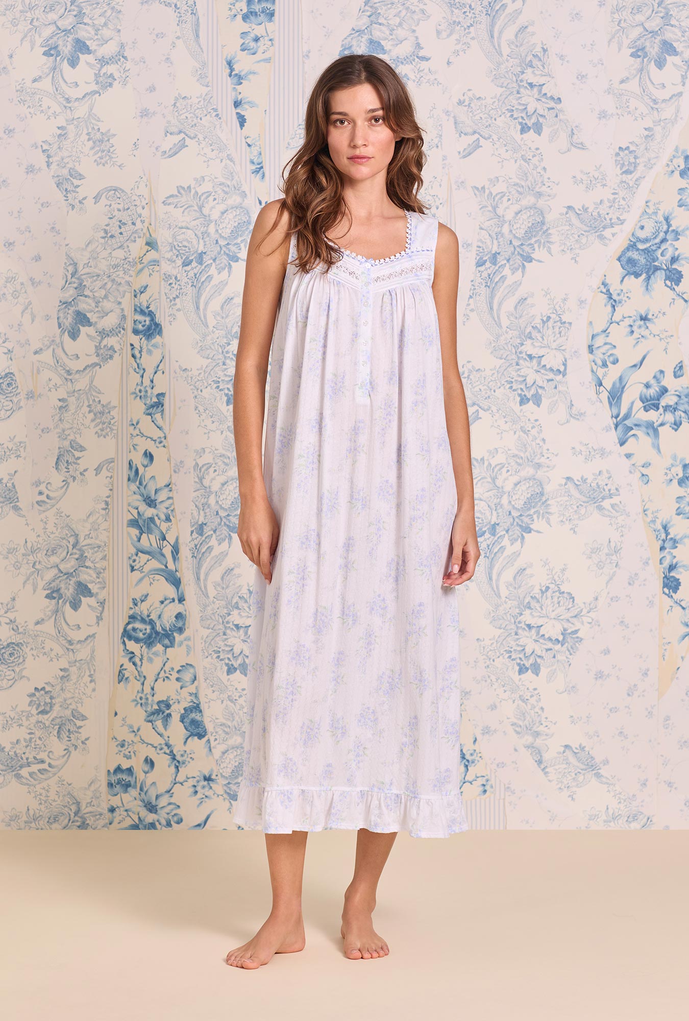 A lady wearing The "Eileen" Wisteria Garden Cotton Pointelle Ballet Nightgown