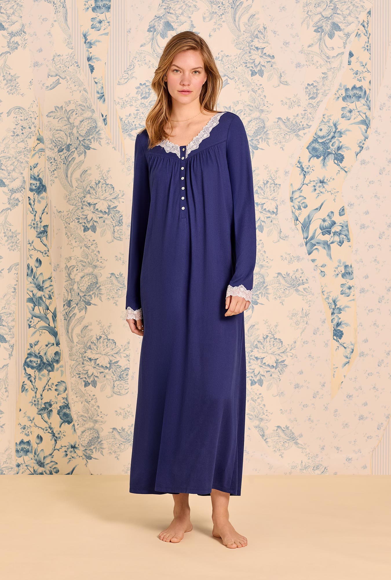 A lady wearing Classic Navy Dream Sweater Knit Long Sleeve Ballet Nightgown