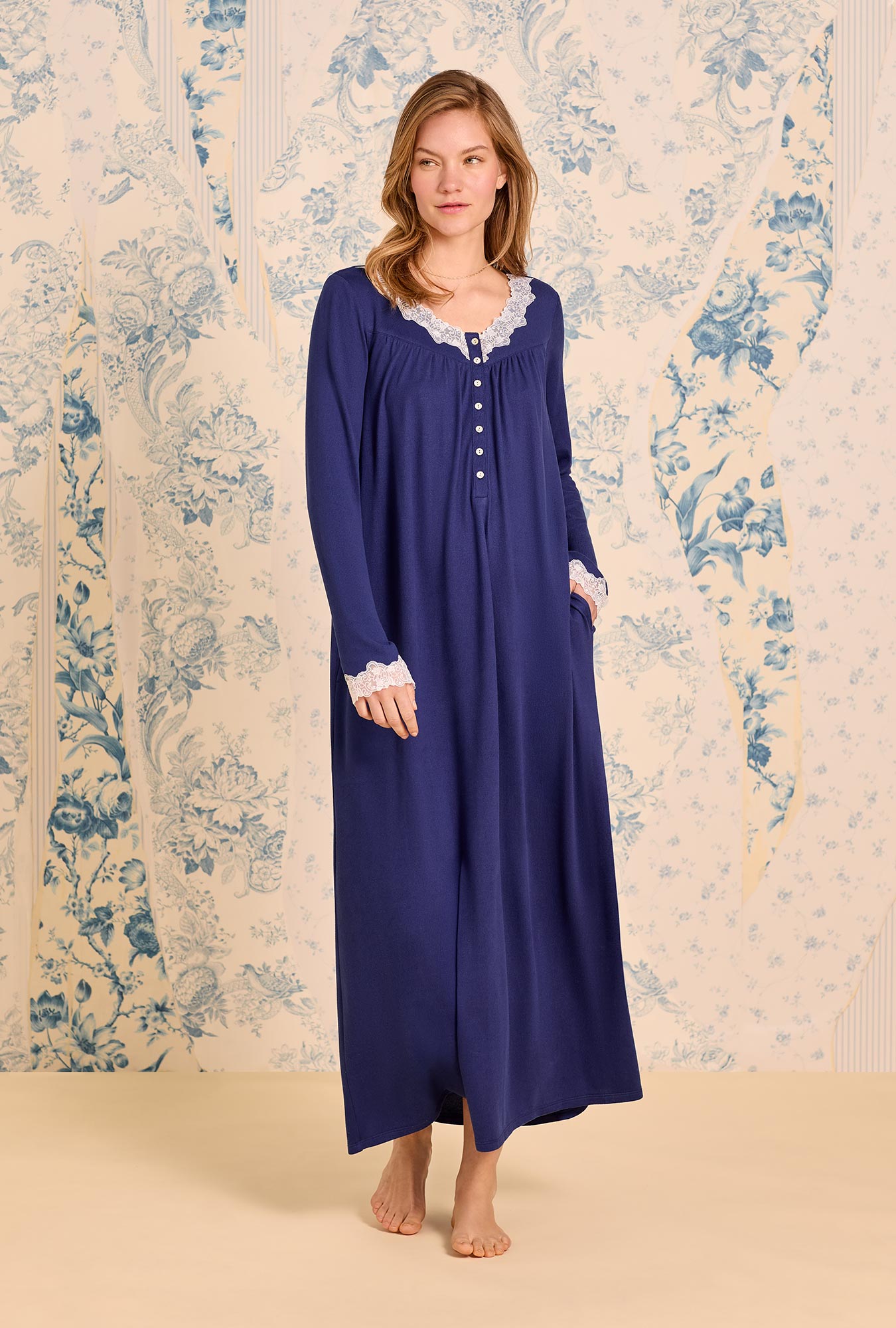 A lady wearing Classic Navy Dream Sweater Knit Long Sleeve Ballet Nightgown