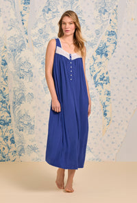 A lady wearing Classic Navy "Eileen" Tencel™ Modal Ballet Nightgown