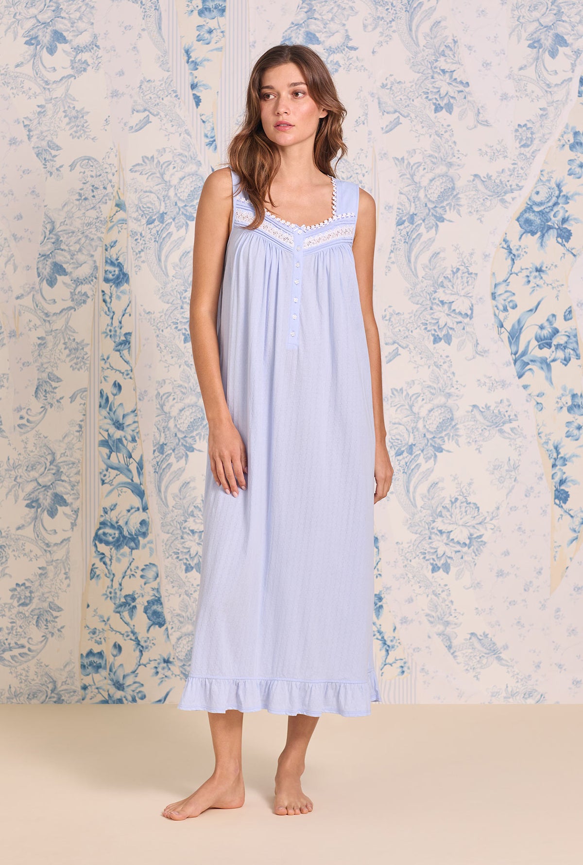 A lady wearing The "Eileen" Lilac Belle Cotton Pointelle Ballet Nightgown looking front