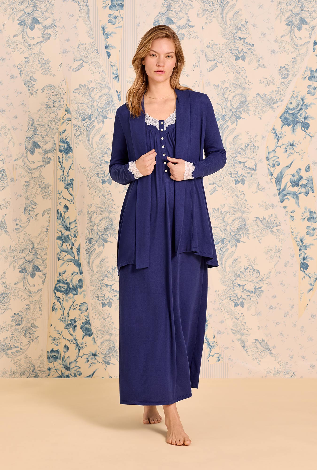 A lady wearing Classic Navy Dream Sweater Knit Cardigan