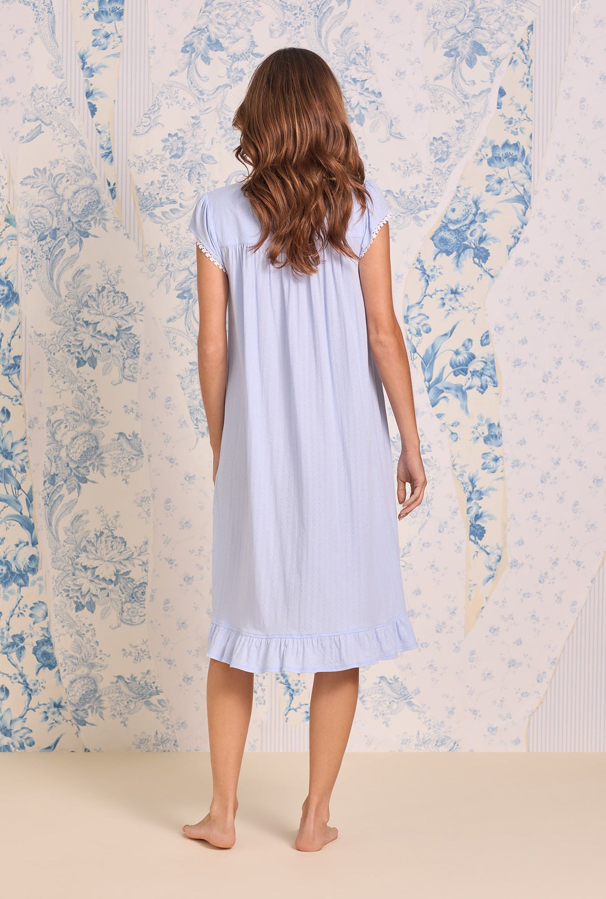 A lady wearing Lilac Belle Cotton Pointelle Cap Sleeve Waltz Nightgown back view
