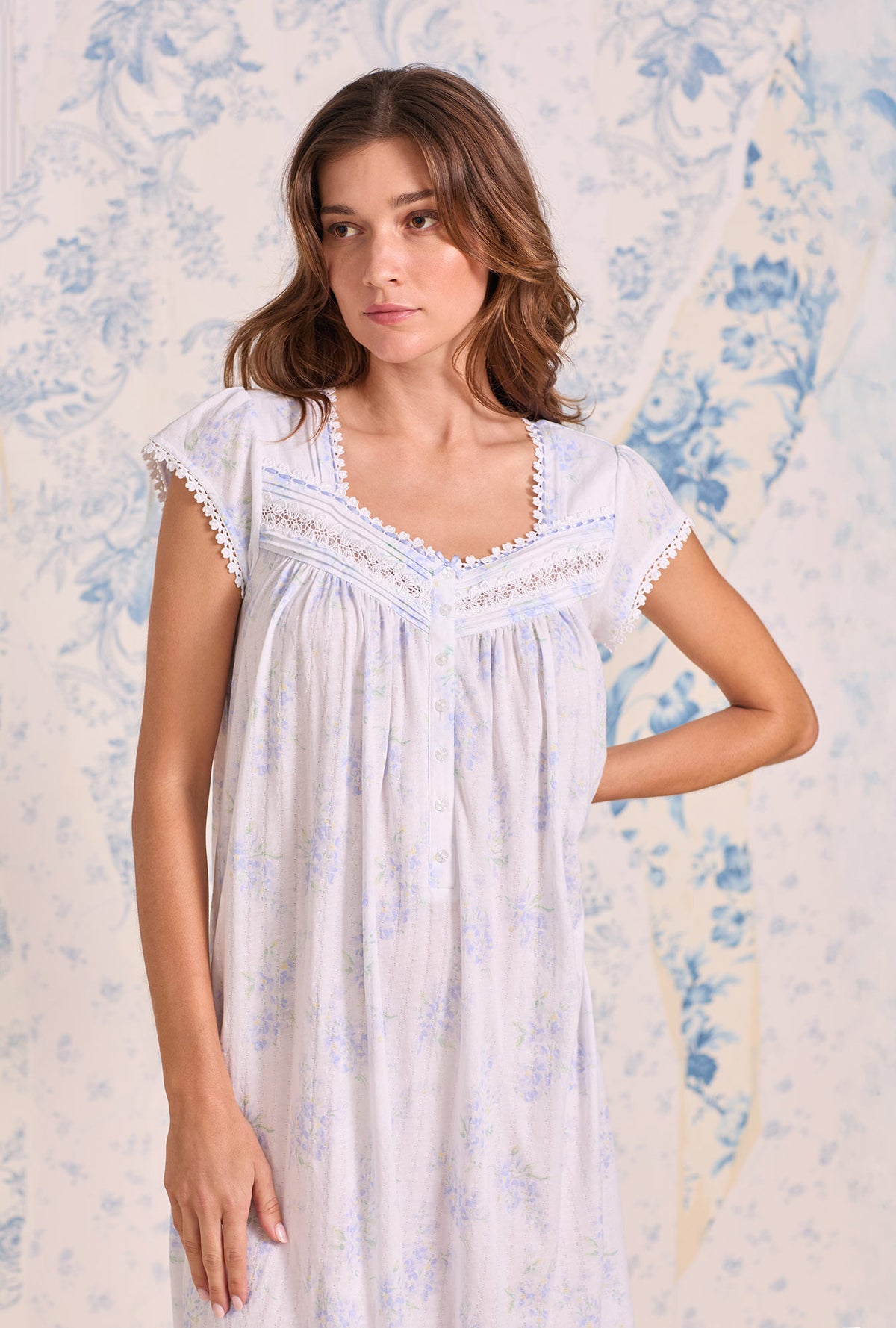 A lady wearing Wisteria Garden Cotton Pointelle Cap Sleeve Waltz Nightgown closer look