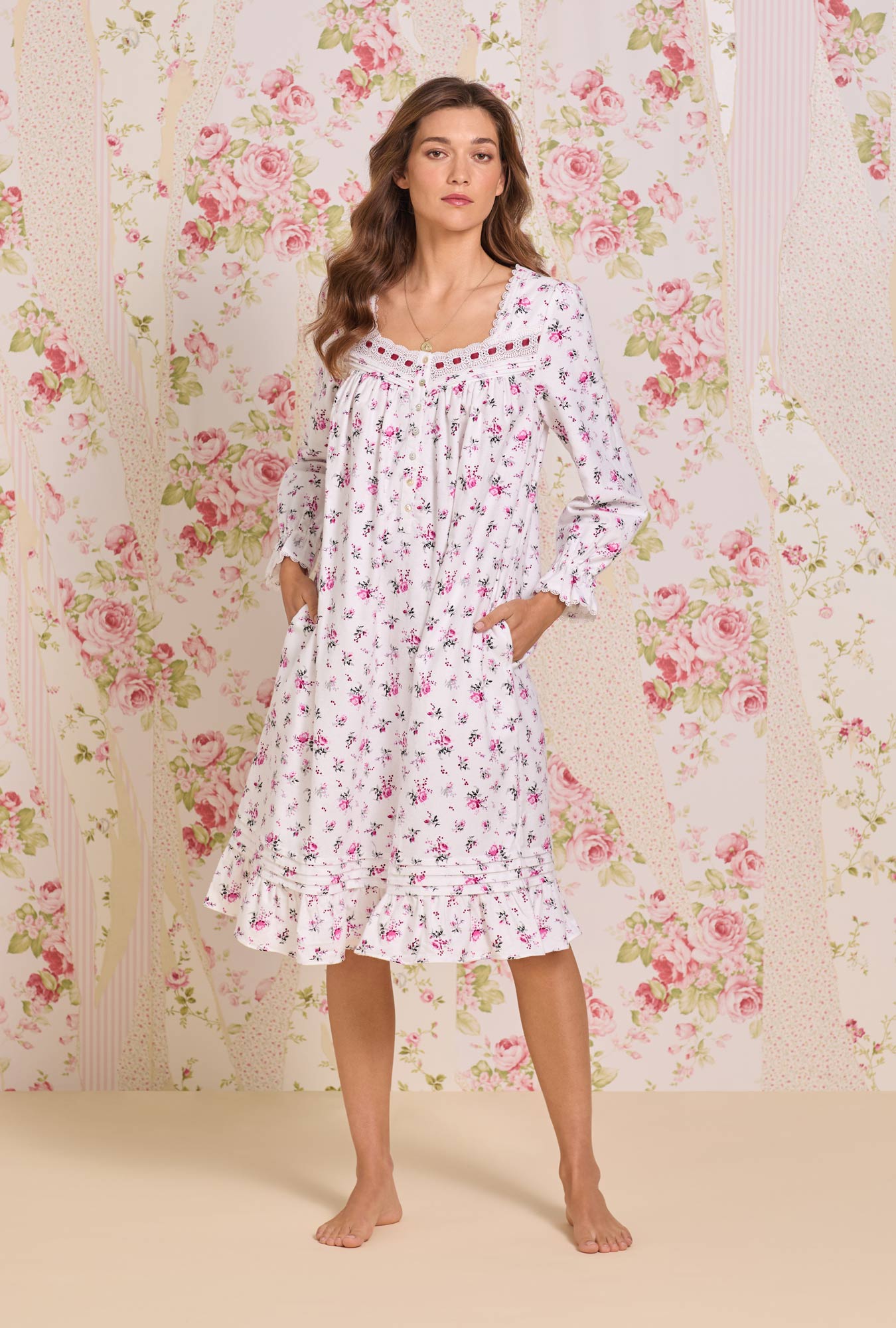 A lady wearing Winter Rosette Cotton Flannel Long Sleeve Waltz Nightgown