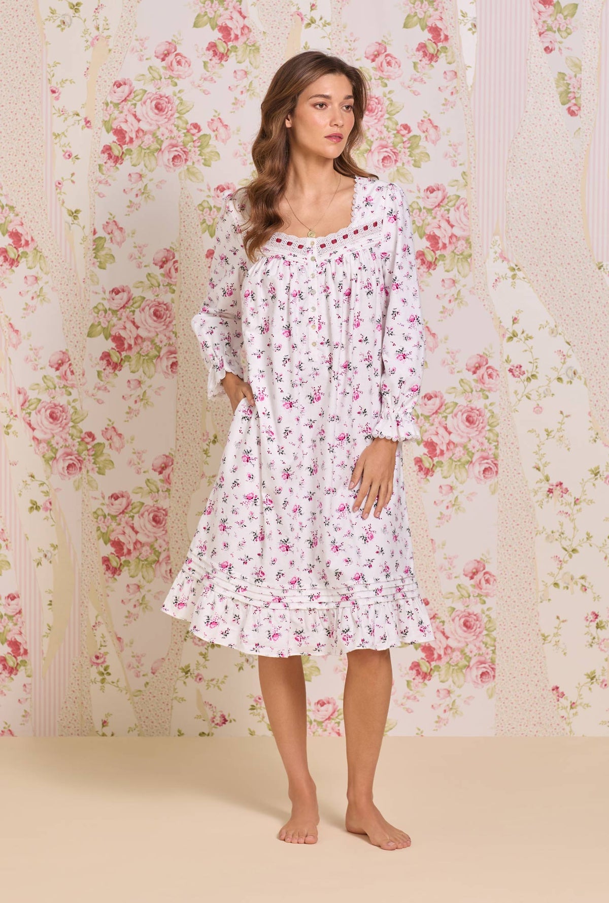 A lady wearing Winter Rosette Cotton Flannel Long Sleeve Waltz Nightgown