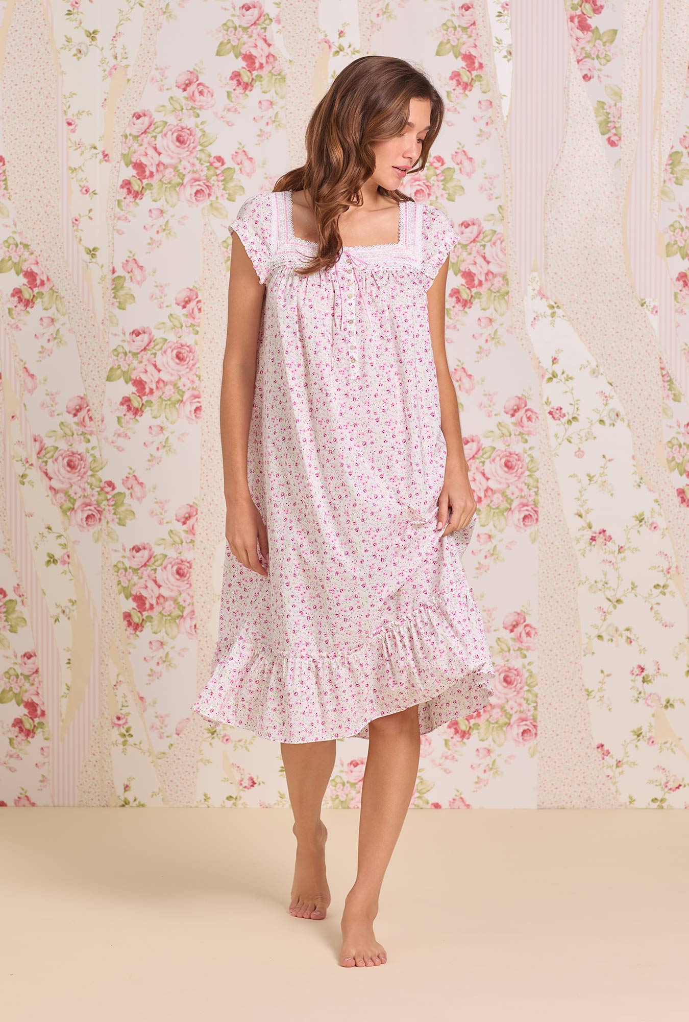 A Lady Wearing Sweet Ditsy Cotton Lawn Cap Sleeve Waltz Nightgown