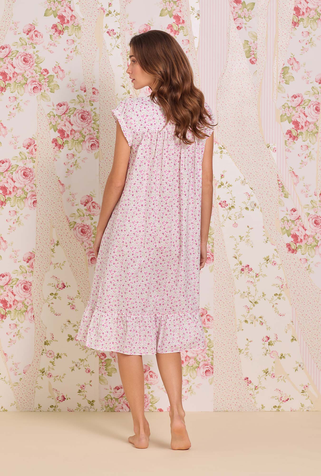 A Lady Wearing Sweet Ditsy Cotton Lawn Cap Sleeve Waltz Nightgown