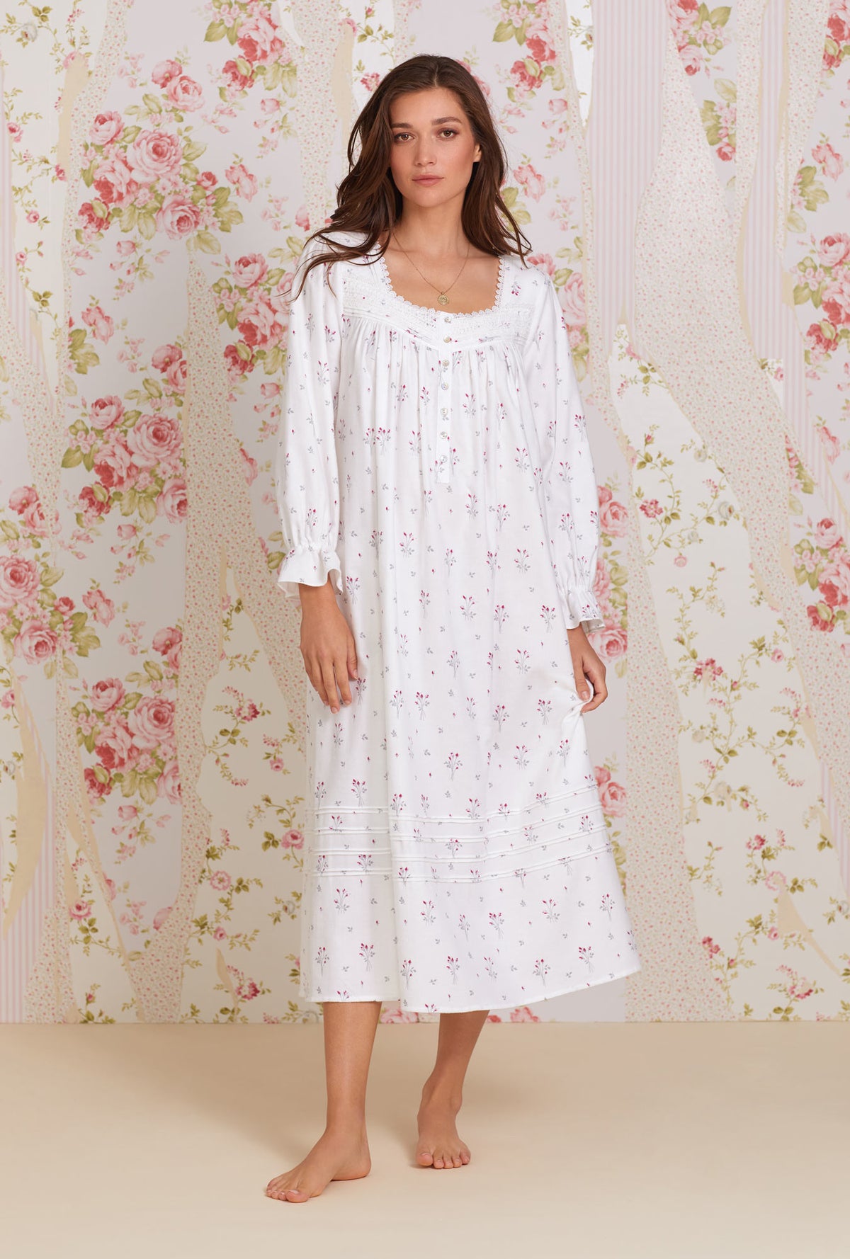 A lady wearing white Long Sleeve Cotton Flannel Long Sleeve Nightgown with Dream Bouquet  print