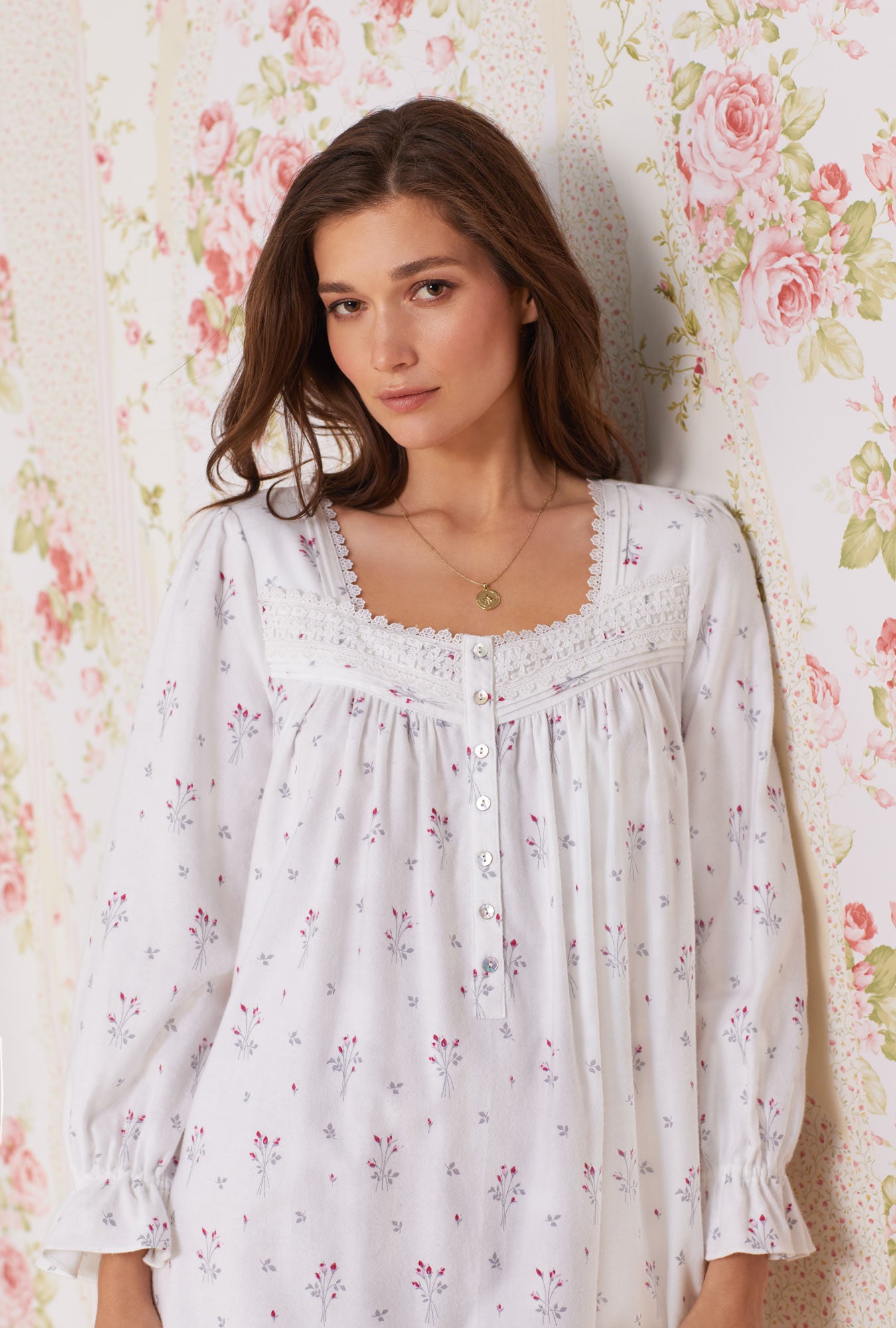 A lady wearing white Long Sleeve Cotton Flannel Long Sleeve Nightgown with Dream Bouquet  print