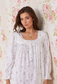 A lady wearing white Long Sleeve Cotton Flannel Long Sleeve Nightgown with Dream Bouquet  print