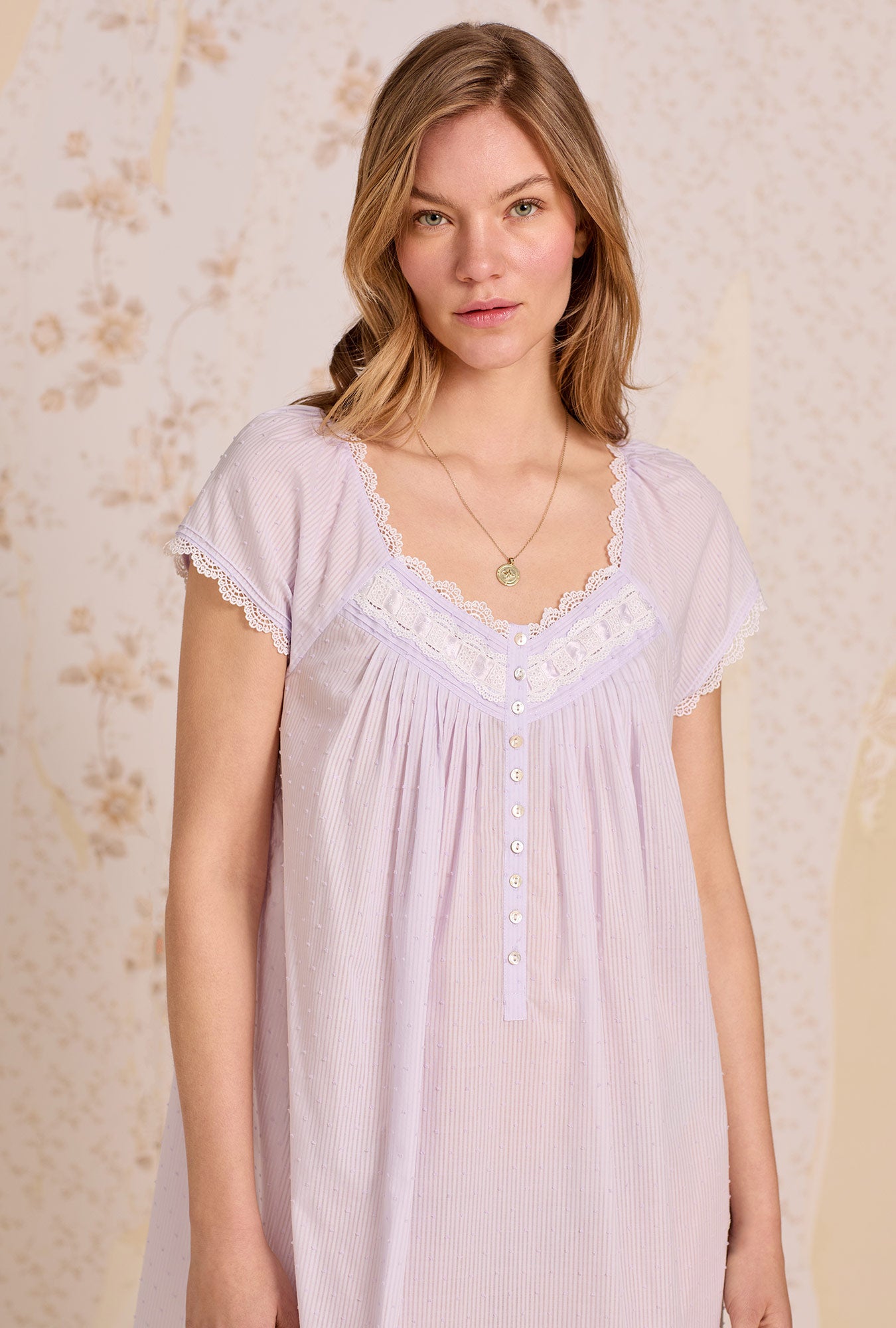 A lady wearing Provence Lavender Cotton Stripe Swiss Dot Waltz Nightgown