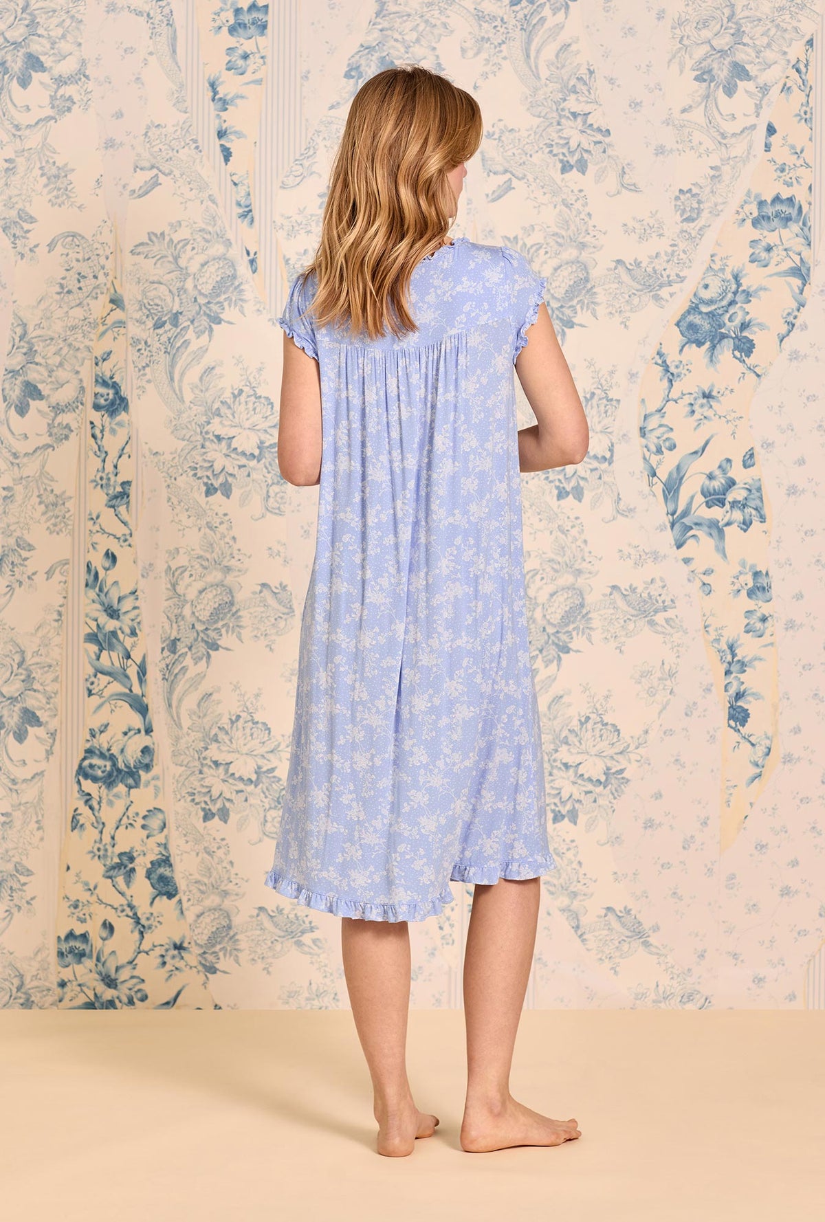 a lady wearing Cornflower Toile Modal Jersey Cap Sleeve Waltz Nightgown