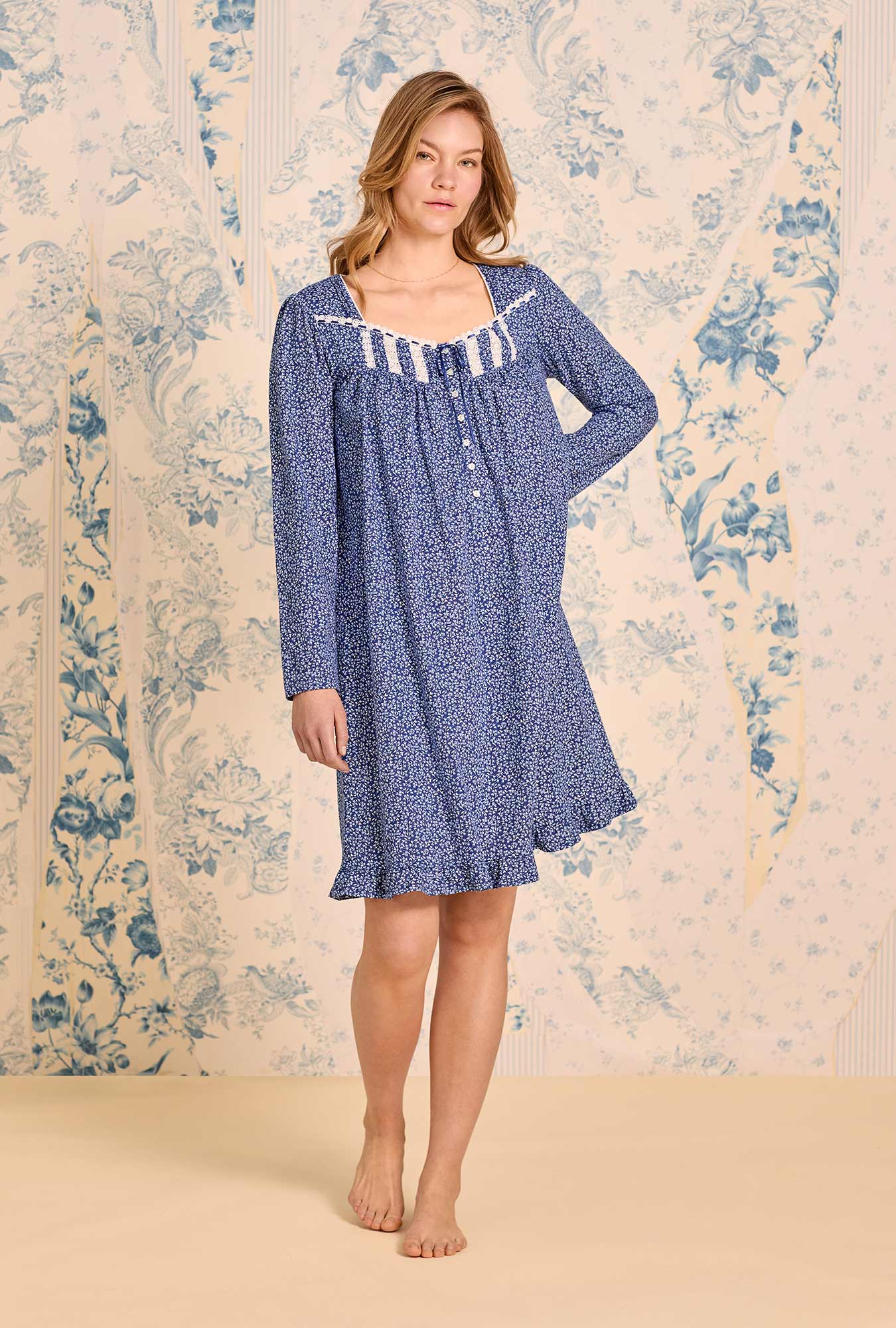 A lady wearing Navy Thistle Cotton Knit Long Sleeve Short Nightgown