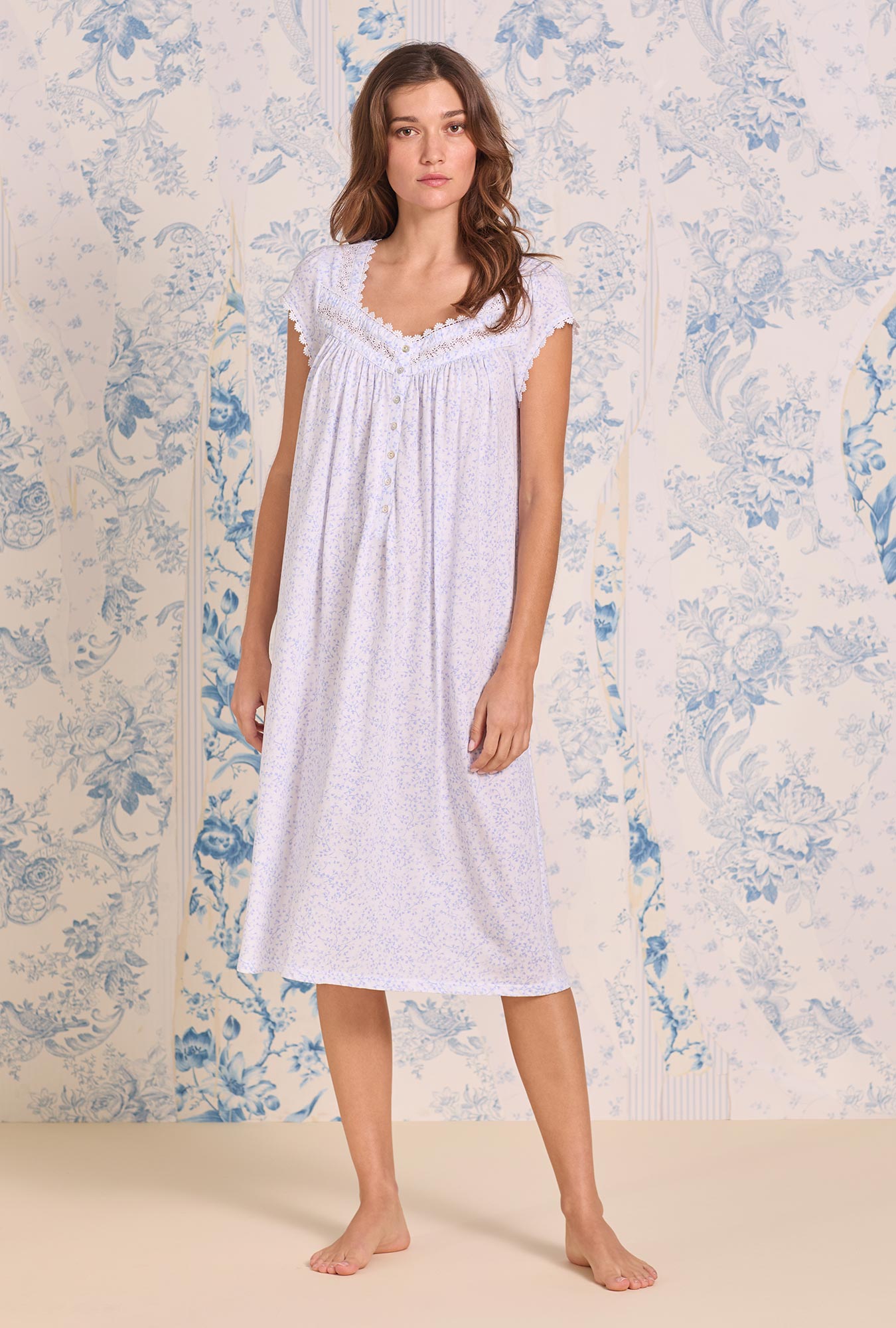 A lady wearing Lavender Ditsy Cotton Modal Cap Sleeve Waltz Nightgown