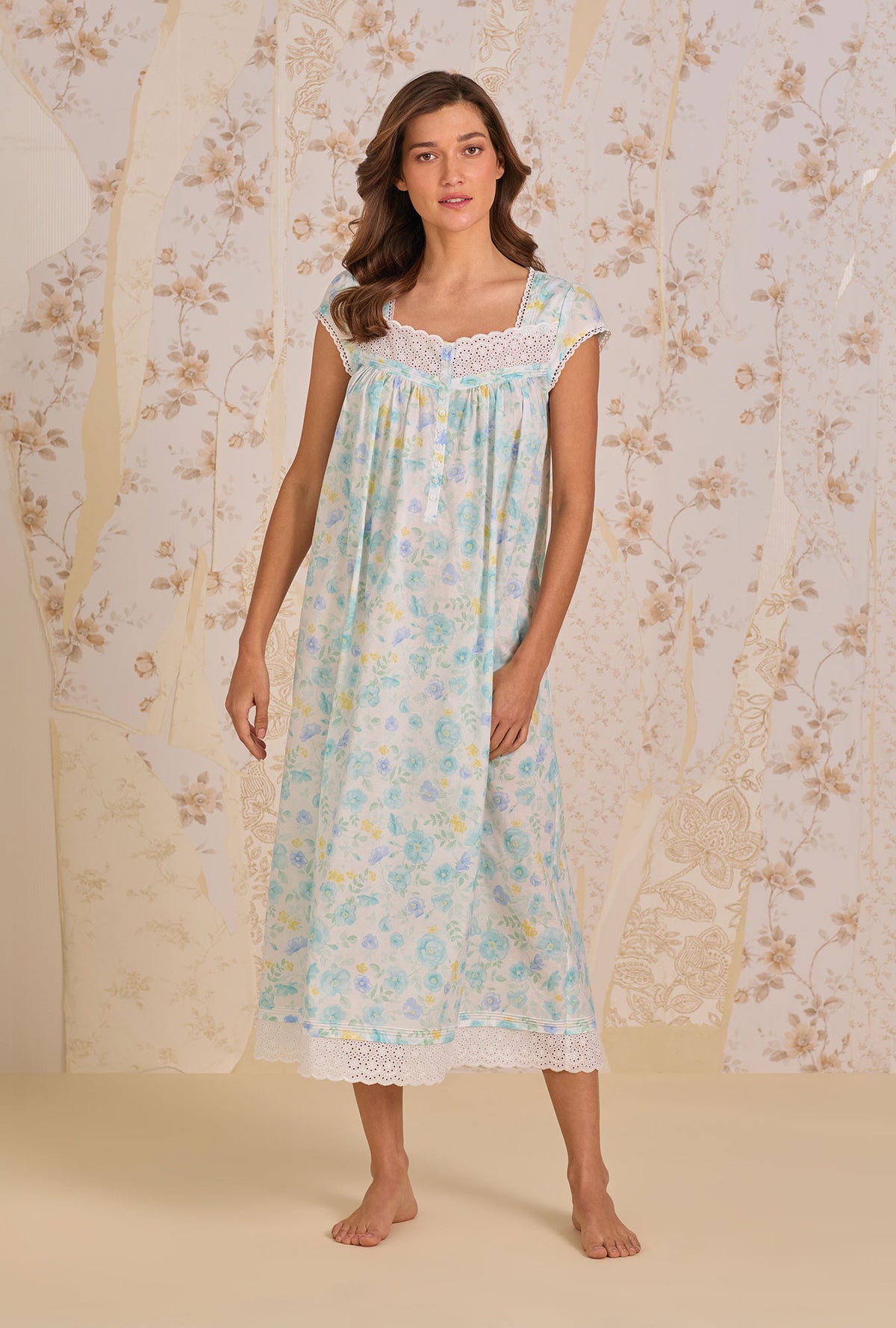 A lady wearing Springwater Floral Nightgown