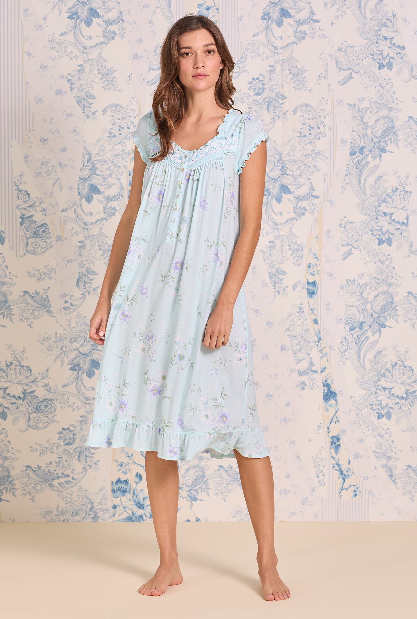 A lady wearing Hellebore Floral Modal Cap Sleeve Waltz Nightgown