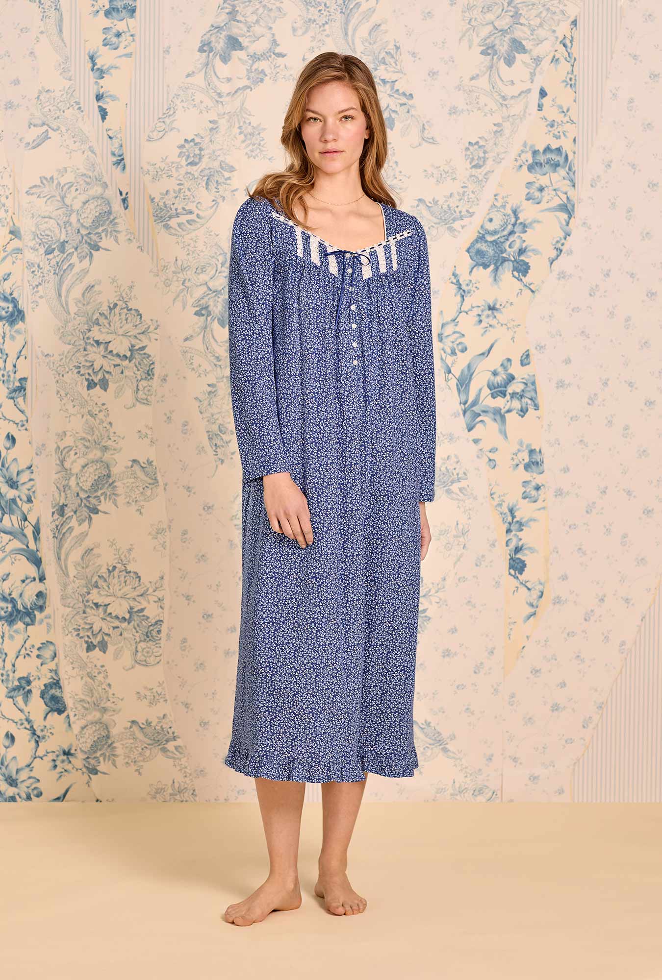 A lady wearing Navy Thistle Cotton Knit Long Sleeve Ballet Nightgown