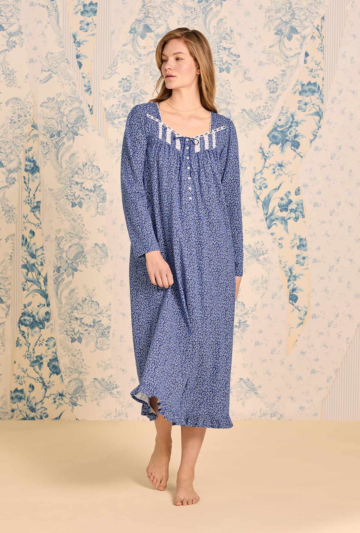 Eileen West Navy Thistle Cotton Knit Long Sleeve Ballet Nightgown Navy Thistle / M Eileen West Navy Thistle Cotton Knit Long Sleeve Ballet Nightgown Navy Thistle / M