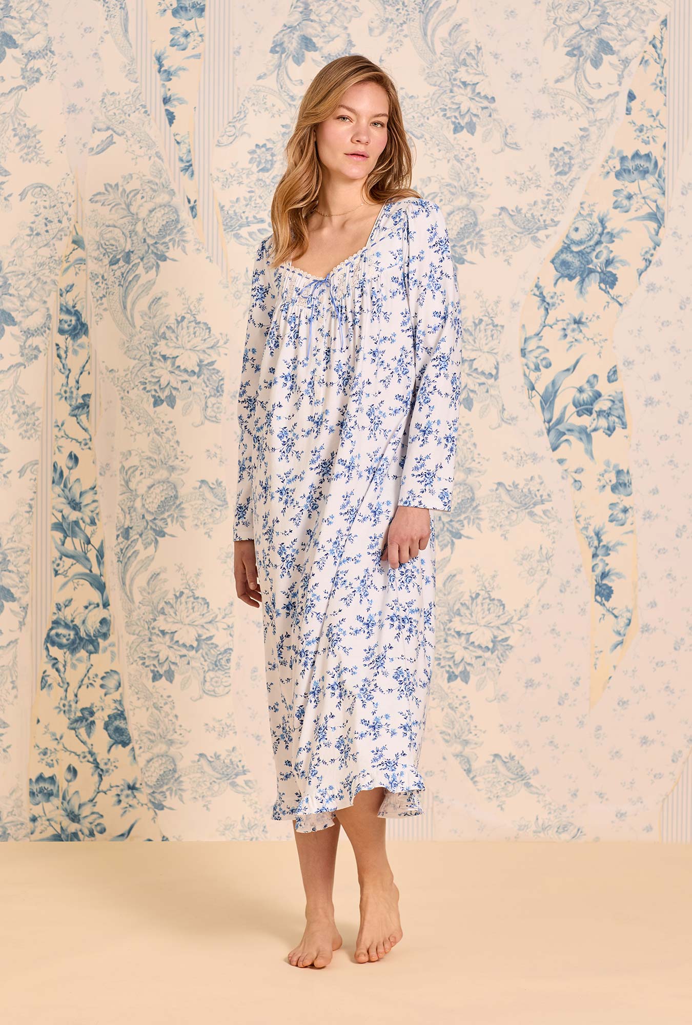 A lady wearing Silken Vine Cotton Knit Long Sleeve Ballet Nightgown