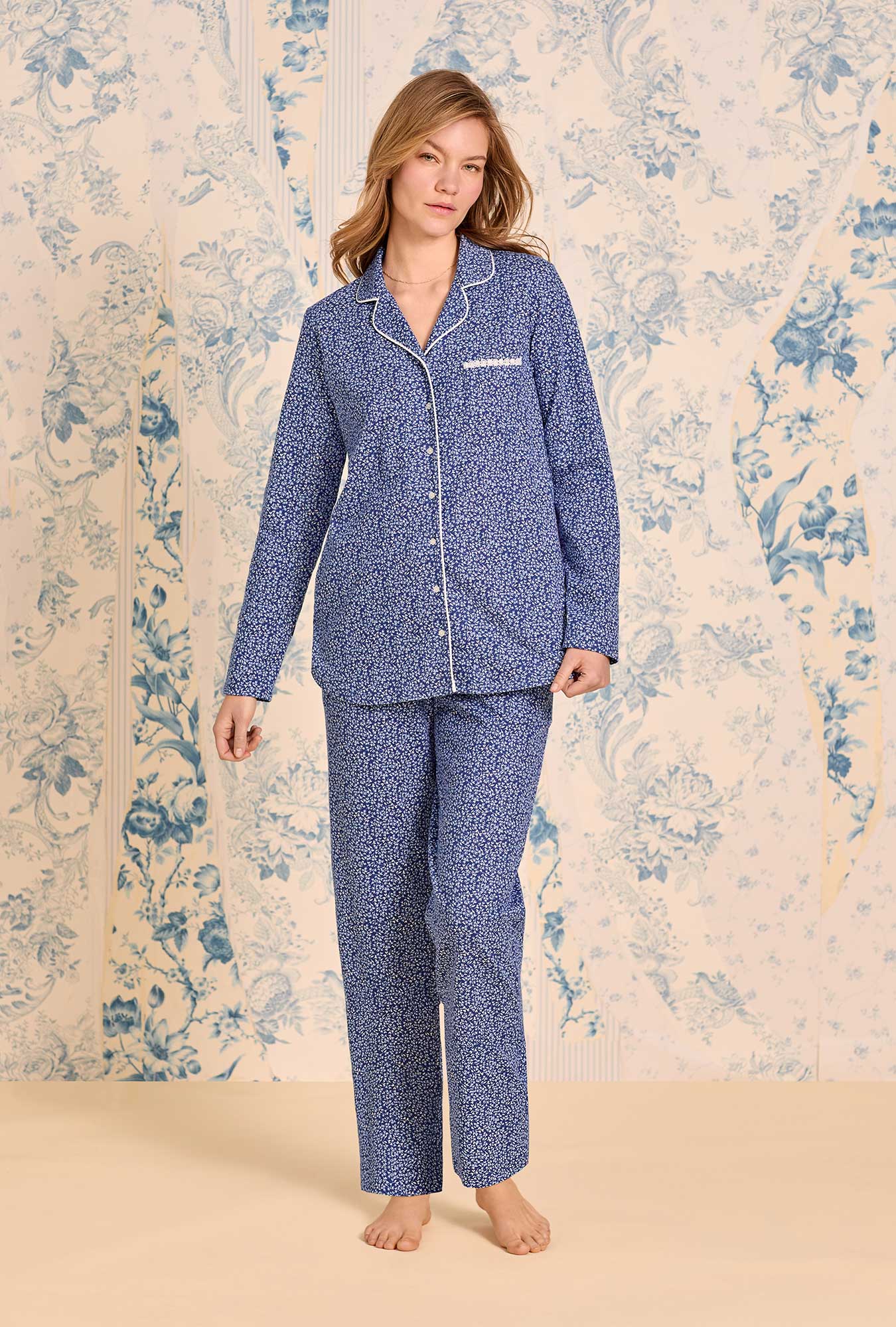 A lady wearing Navy Thistle Cotton Knit Pajama
