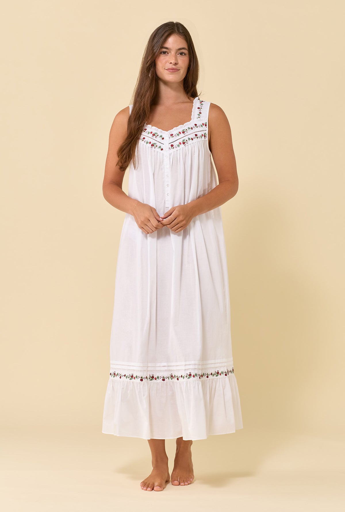 Eileen Soft White 100% Cotton Woven Lawn Rosevine Embroidered Ballet Nightgown