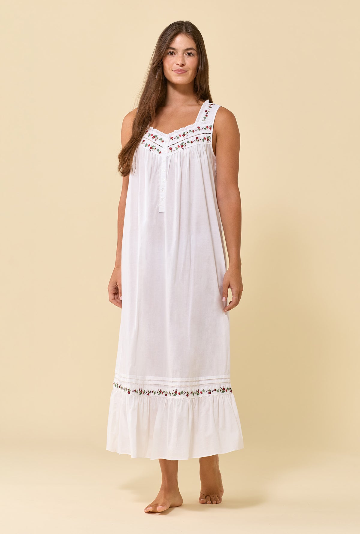 Eileen Soft White 100% Cotton Woven Lawn Rosevine Embroidered Ballet Nightgown