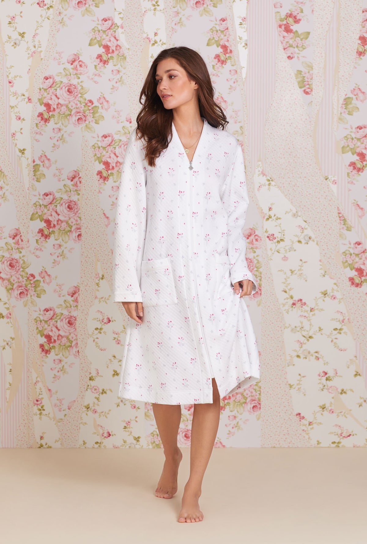 A lady wearing white Long Sleeve Diamond Quilted Zip Waltz Robe with Dream Bouquet  print