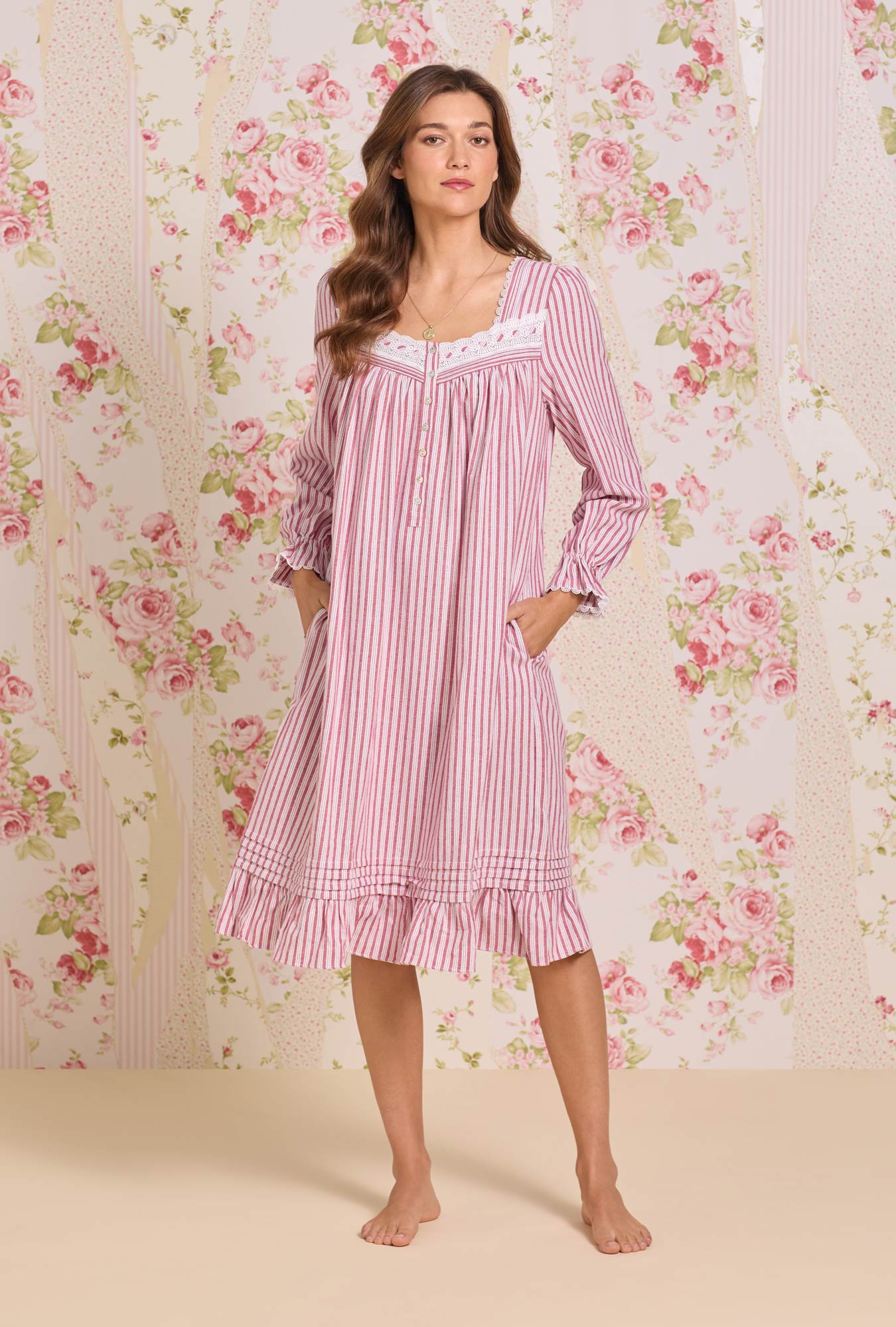 A lady wearing Hearth Stripe Cotton Flannel Long Sleeve Waltz Nightgown