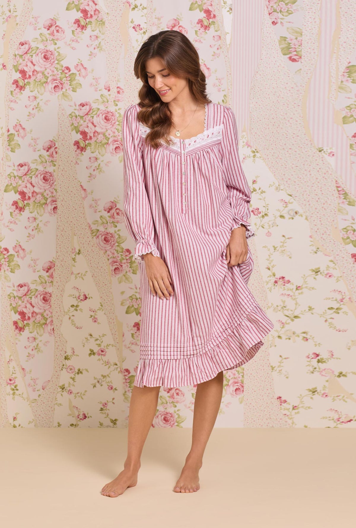 A lady wearing Hearth Stripe Cotton Flannel Long Sleeve Waltz Nightgown