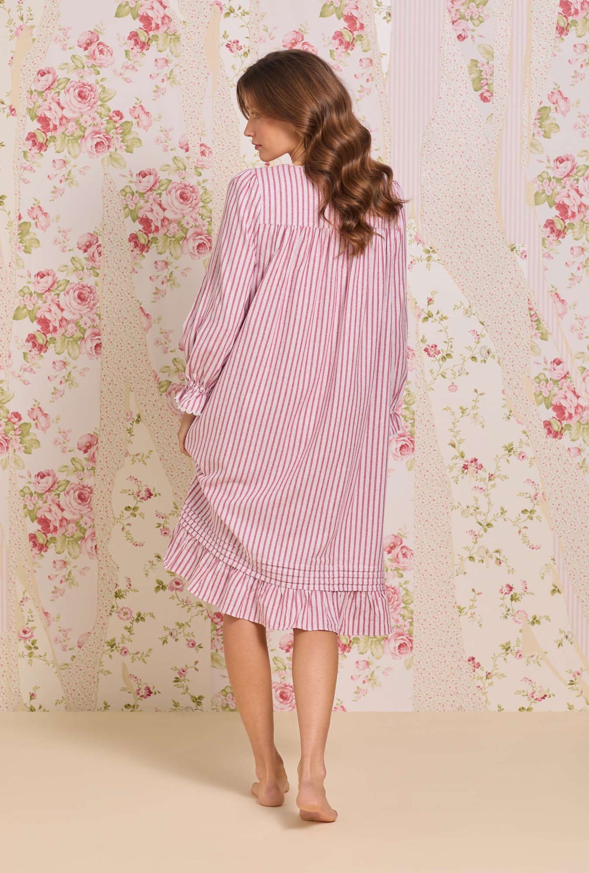 A lady wearing Hearth Stripe Cotton Flannel Long Sleeve Waltz Nightgown